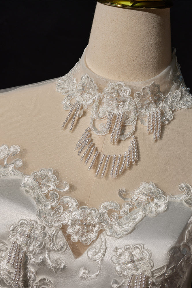 Long Sleeves White Satin Embroidery Wedding Gown - Image 5