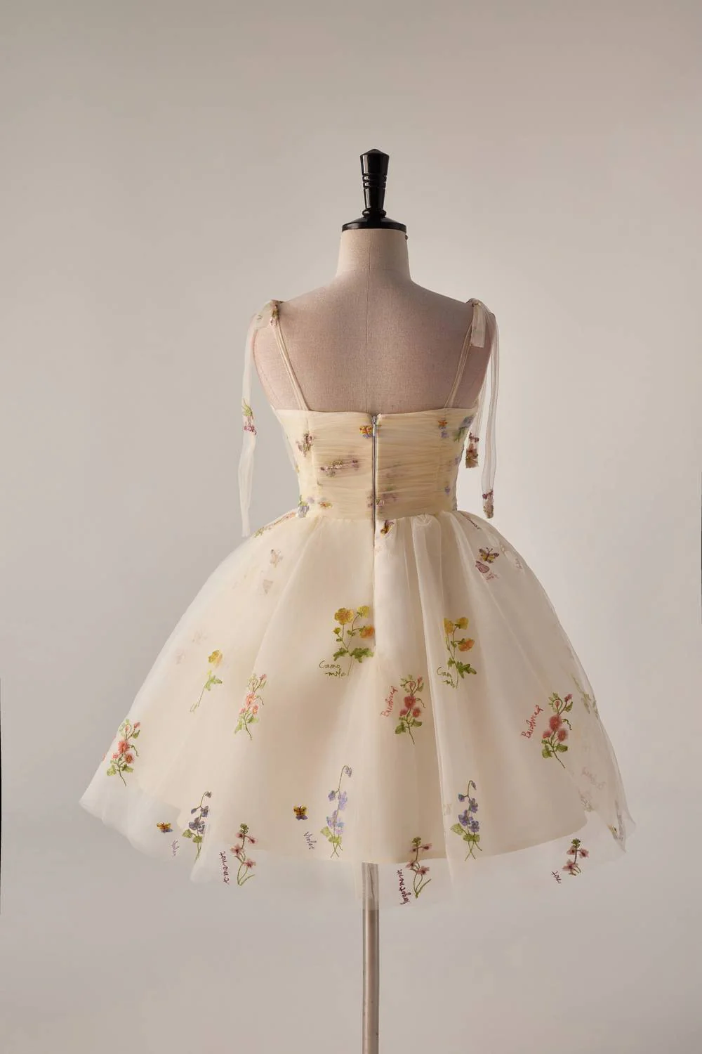 Tie Shoulder Champagne Floral Short Party Dress - Image 3