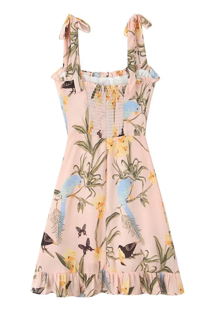 Tie Shoulder Pink Floral Print Short Dress - Image 2