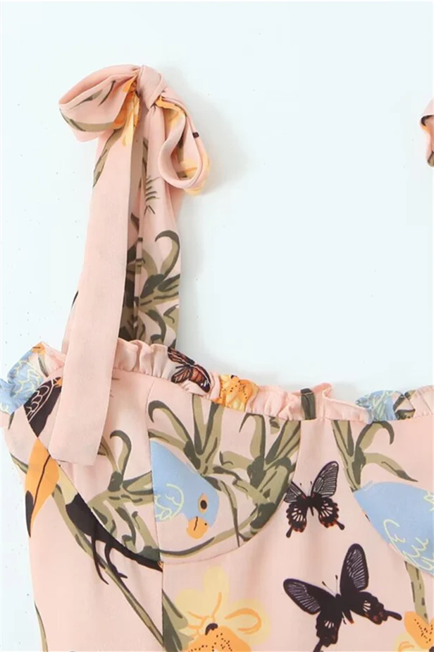 Tie Shoulder Pink Floral Print Short Dress - Image 3
