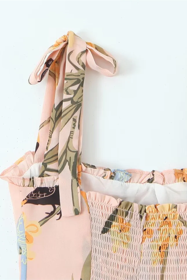 Tie Shoulder Pink Floral Print Short Dress - Image 4