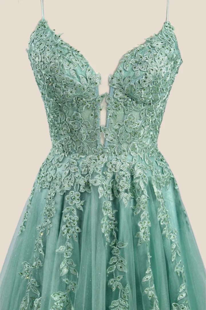 Turquoise Lace Appliques Straps A-line Long Formal Dress - Image 3