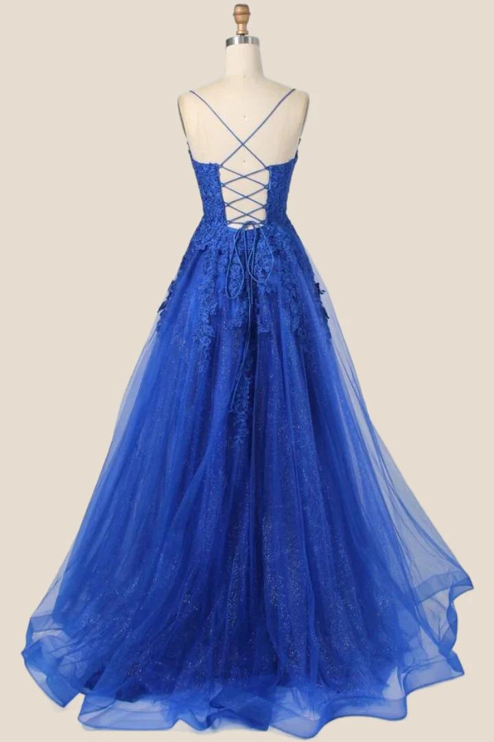 Turquoise Lace Appliques Straps A-line Long Formal Dress - Image 8