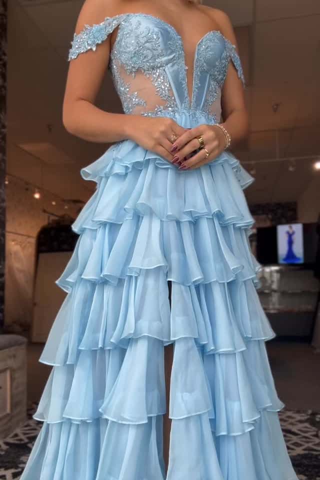 Turquoise Off the Shoulder Ruffle Long Dress - Image 3