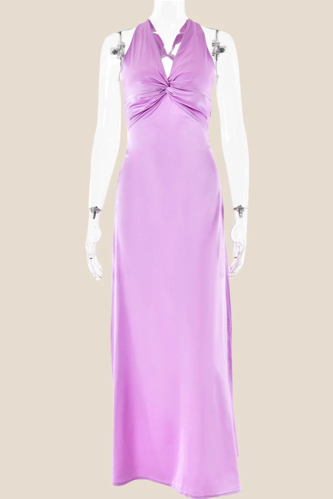 Twist V-neck Lilac Open Back Sheath Long Dress - Image 12