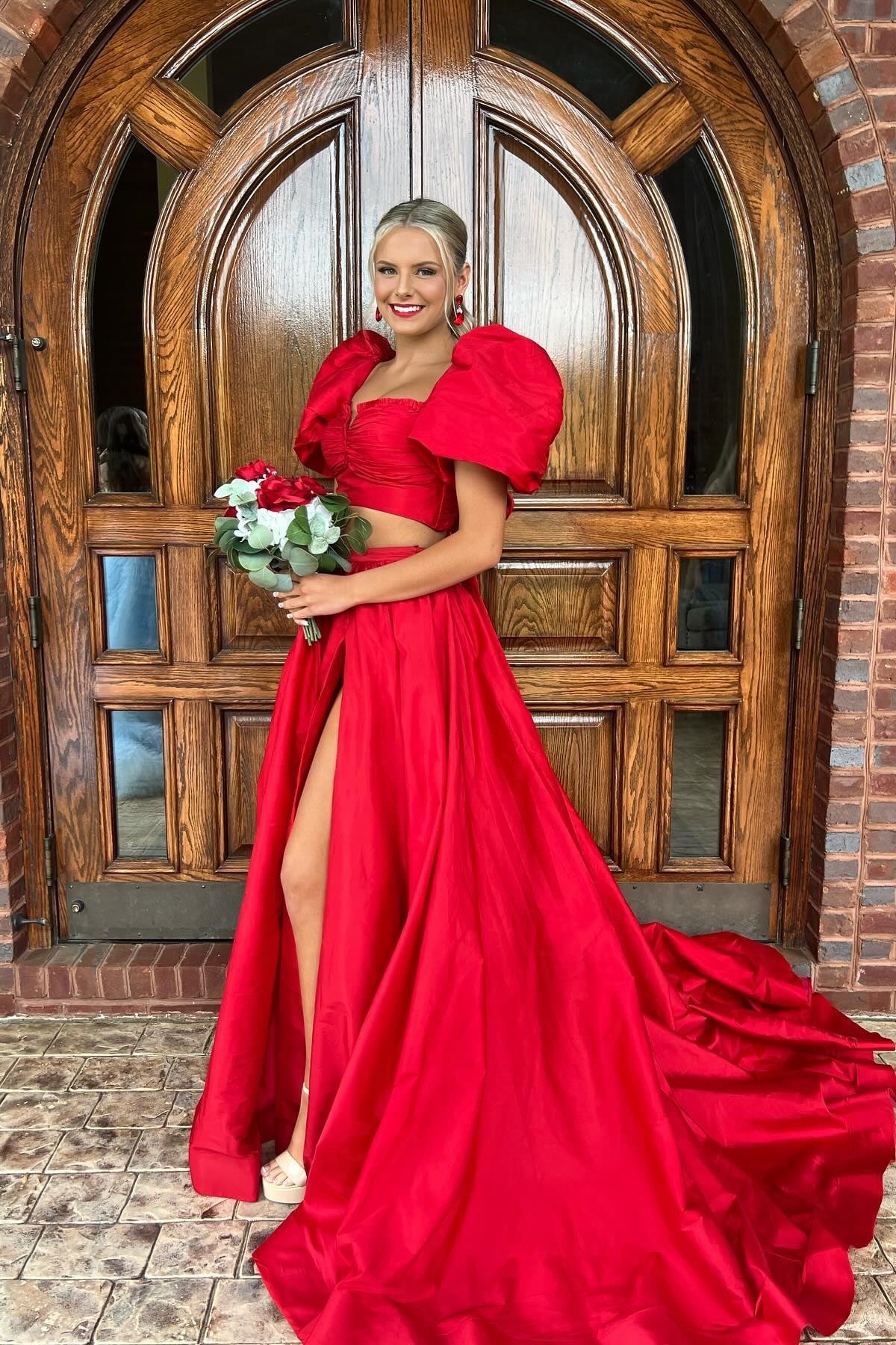 Two Piece Green A-line Long Prom Dress with Puff Sleeves - Image 8