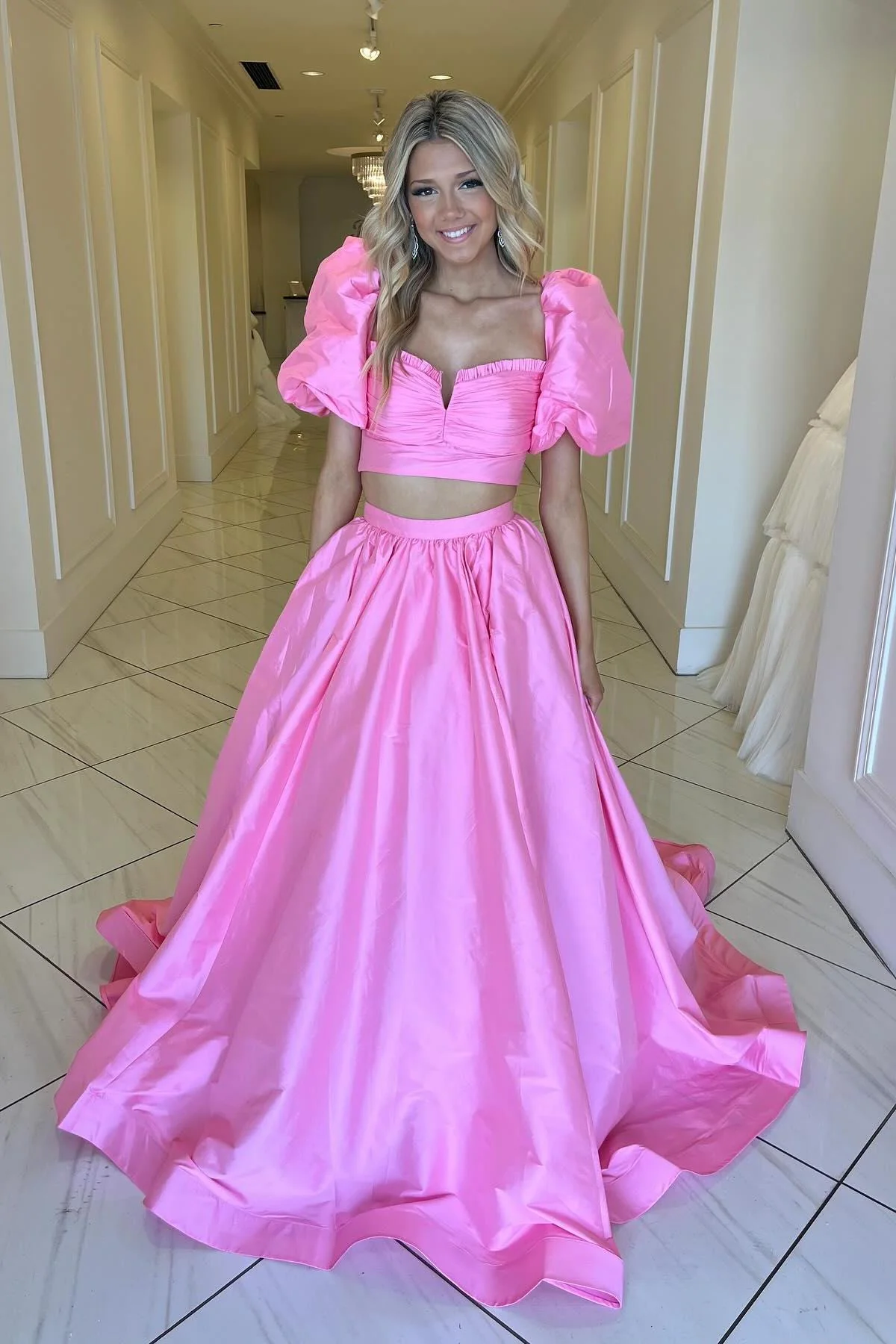 Two Piece Green A-line Long Prom Dress with Puff Sleeves - Image 9