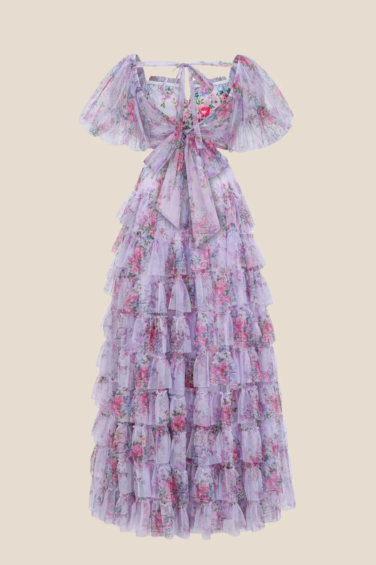 Two Pieces Lavender Floral Print Tiered Long Dress - Image 2