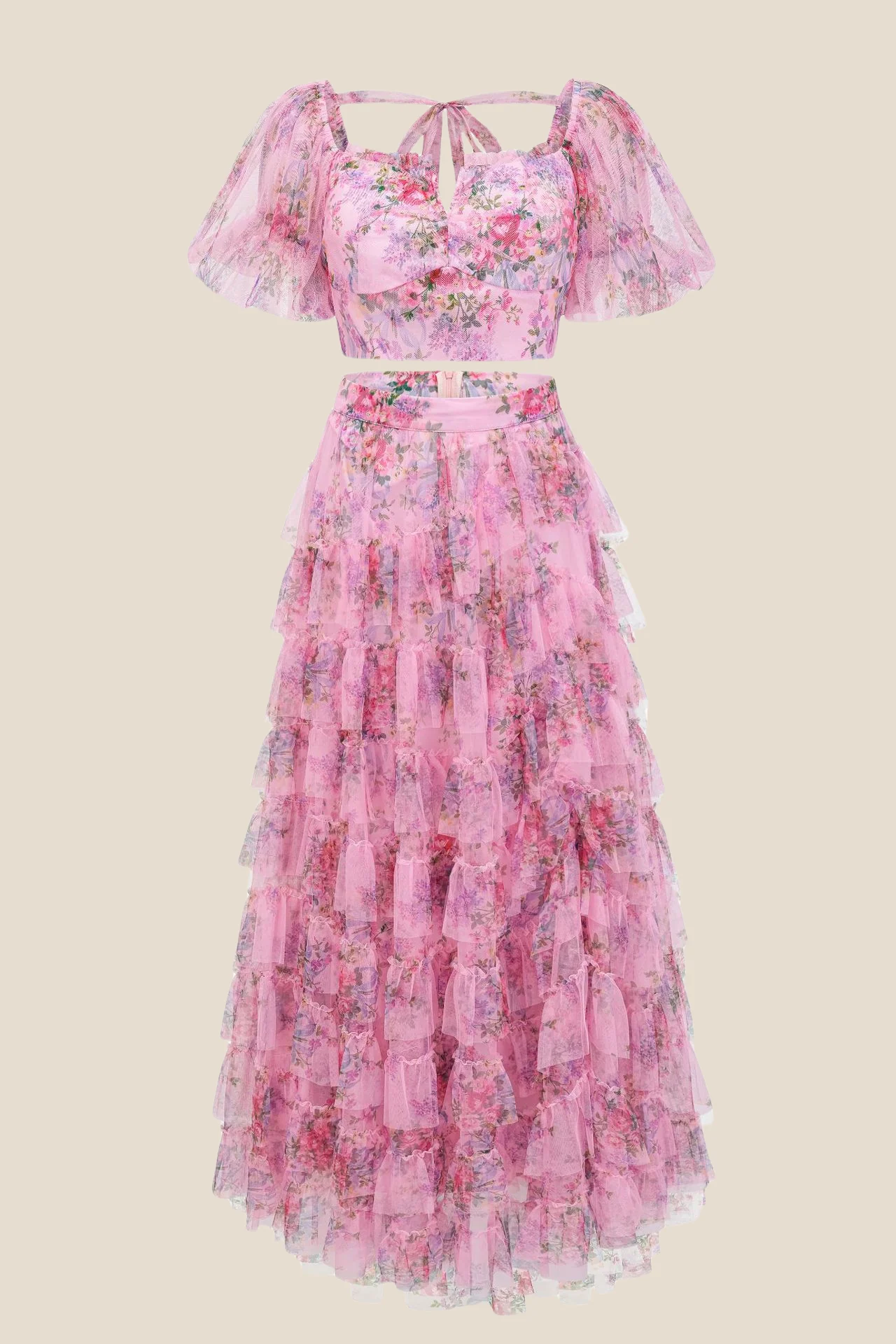 Two Pieces Lavender Floral Print Tiered Long Dress - Image 3