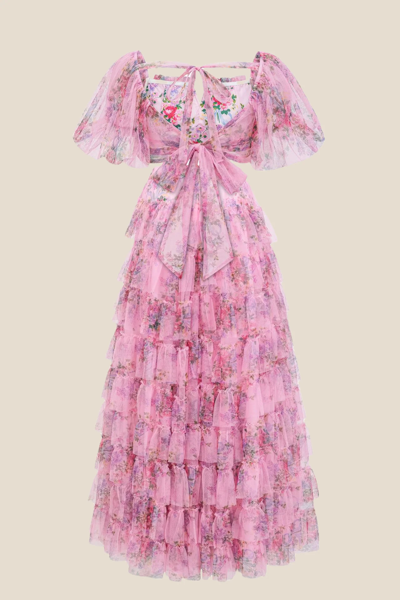 Two Pieces Lavender Floral Print Tiered Long Dress - Image 4