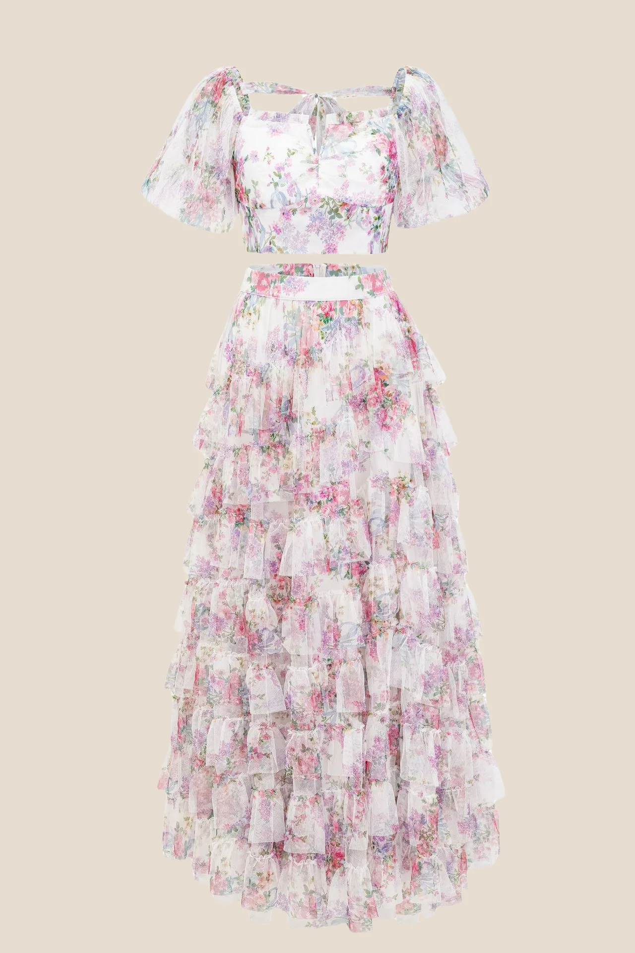 Two Pieces Lavender Floral Print Tiered Long Dress - Image 5