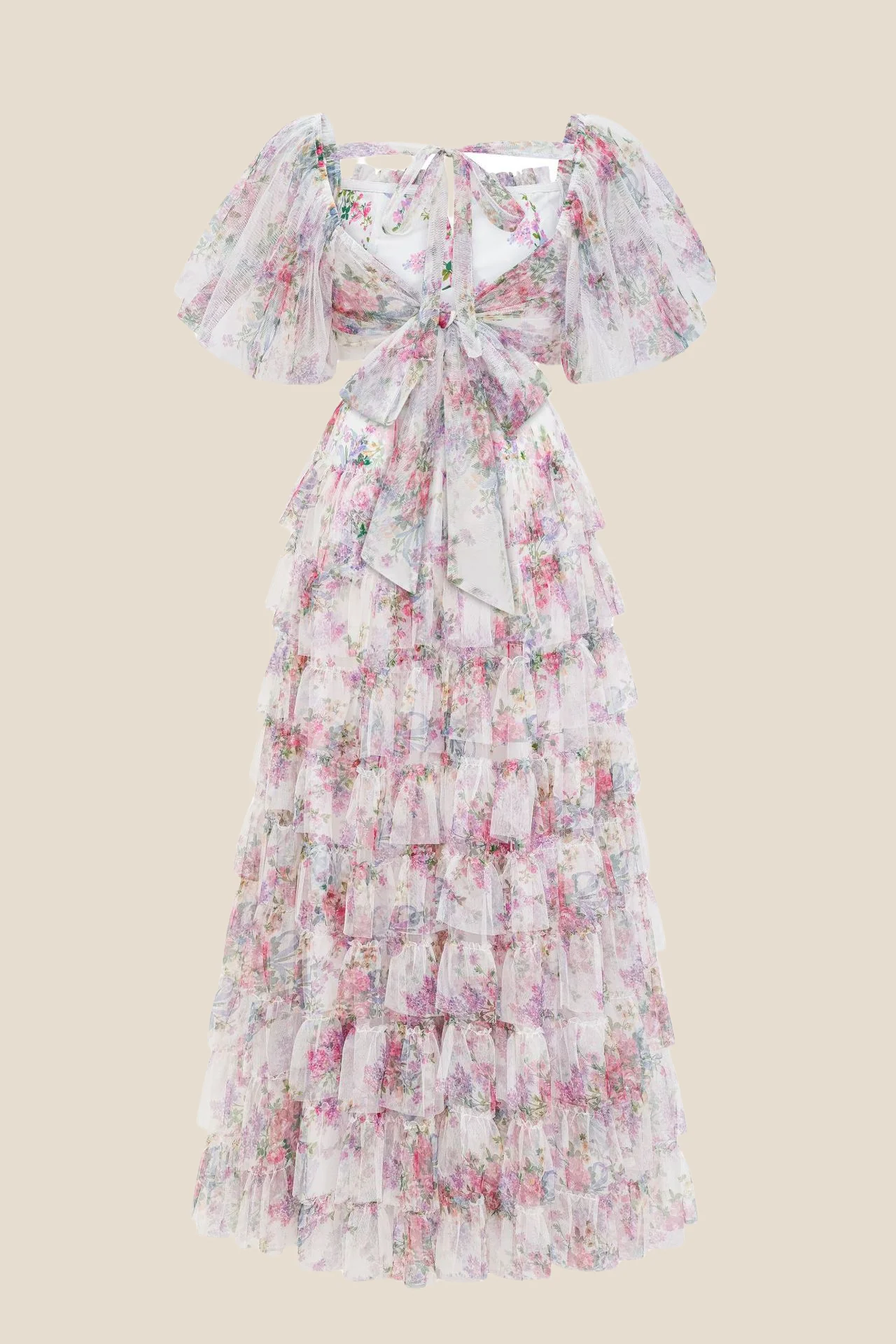 Two Pieces Lavender Floral Print Tiered Long Dress - Image 6