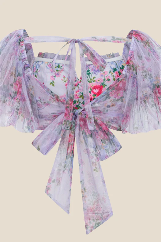 Two Pieces Lavender Floral Print Tiered Long Dress - Image 7