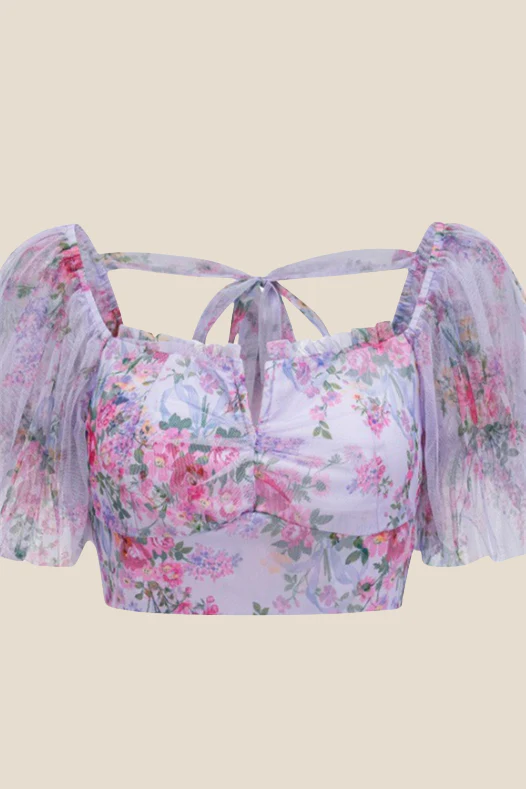 Two Pieces Lavender Floral Print Tiered Long Dress - Image 8
