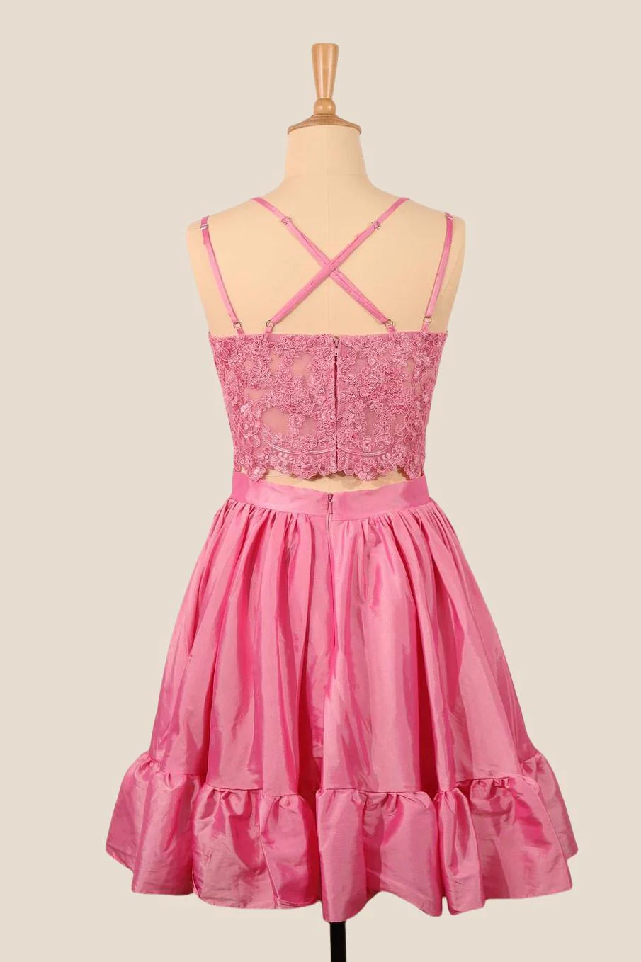 Two Pieces Pink Lace Appliques Short Dress - Image 4