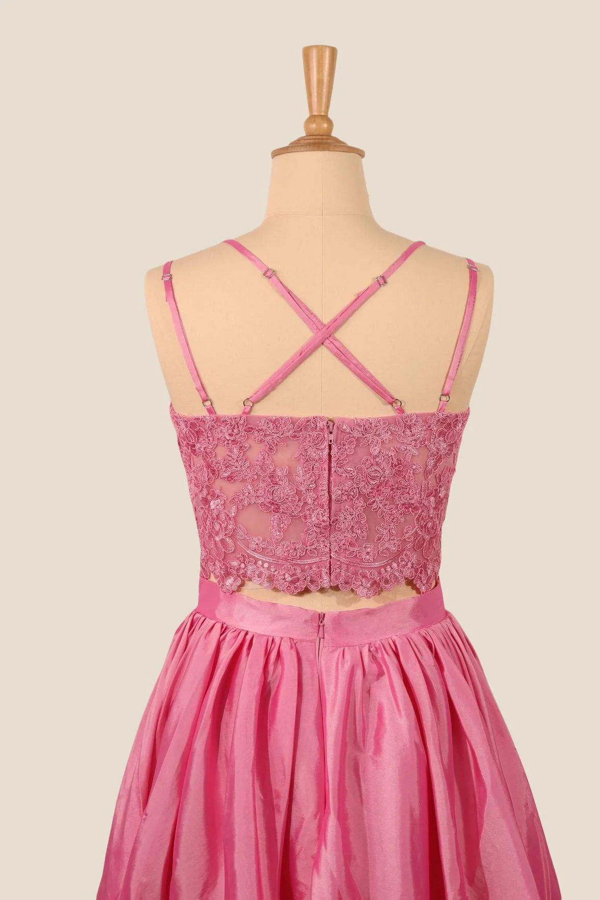 Two Pieces Pink Lace Appliques Short Dress - Image 7