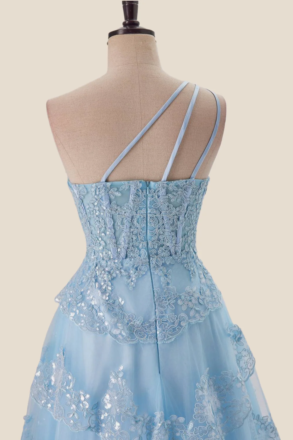 One Shoulder Light Blue Appliques Ruffle Formal Dress - Image 10