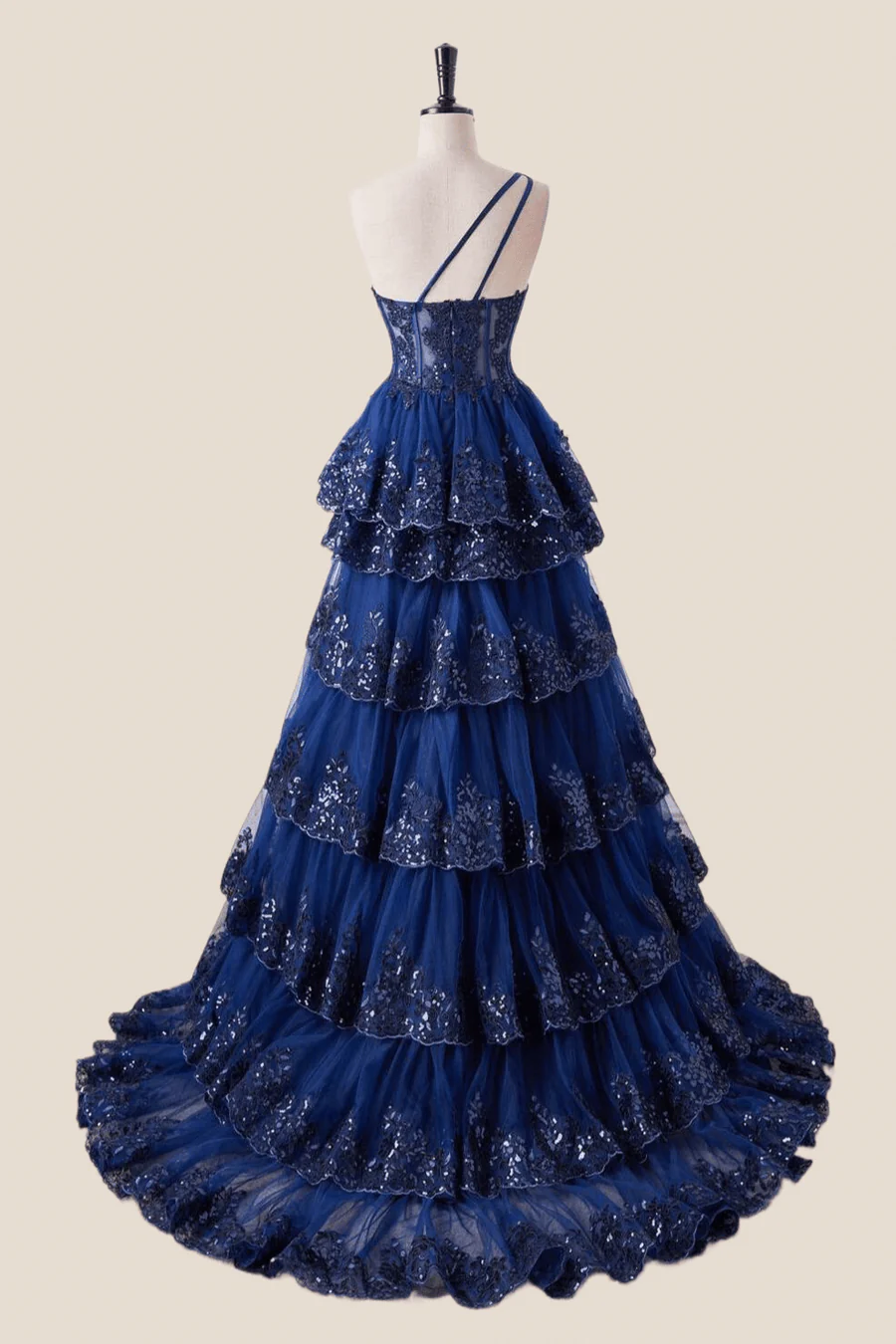 One Shoulder Light Blue Appliques Ruffle Formal Dress - Image 3