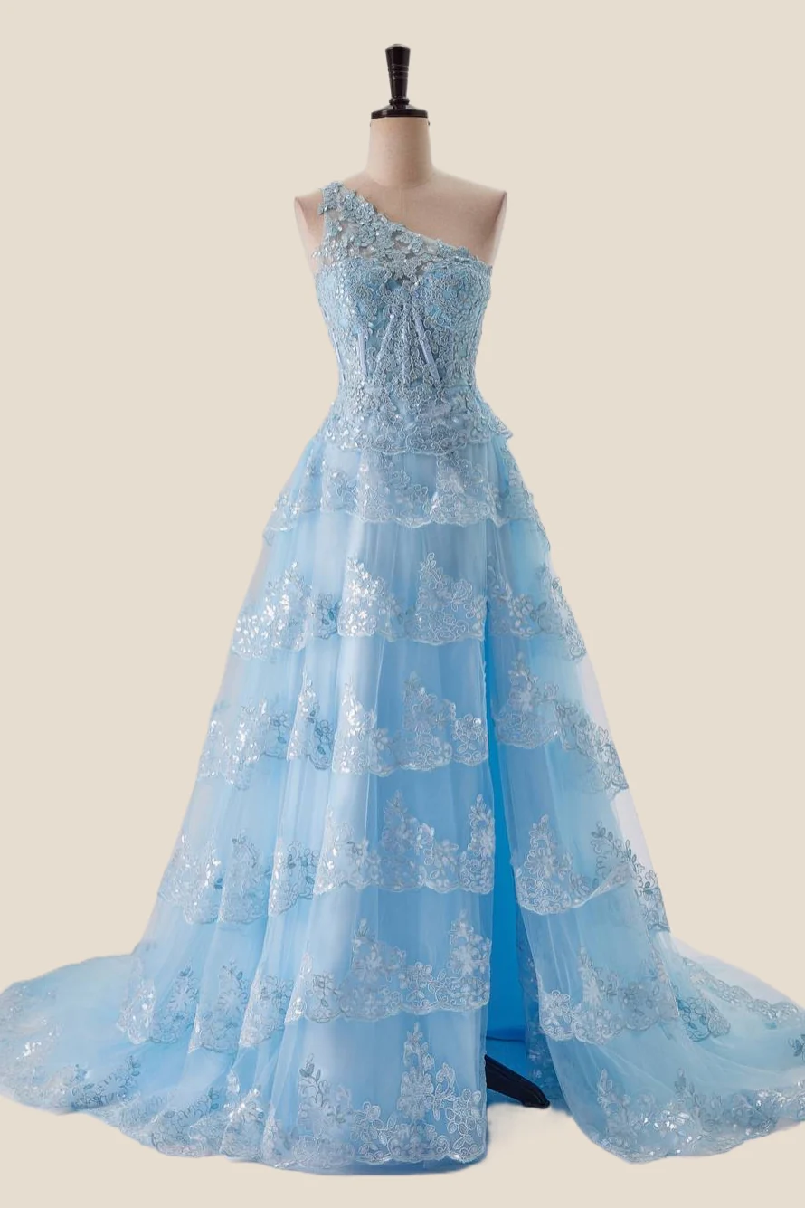 One Shoulder Light Blue Appliques Ruffle Formal Dress - Image 8