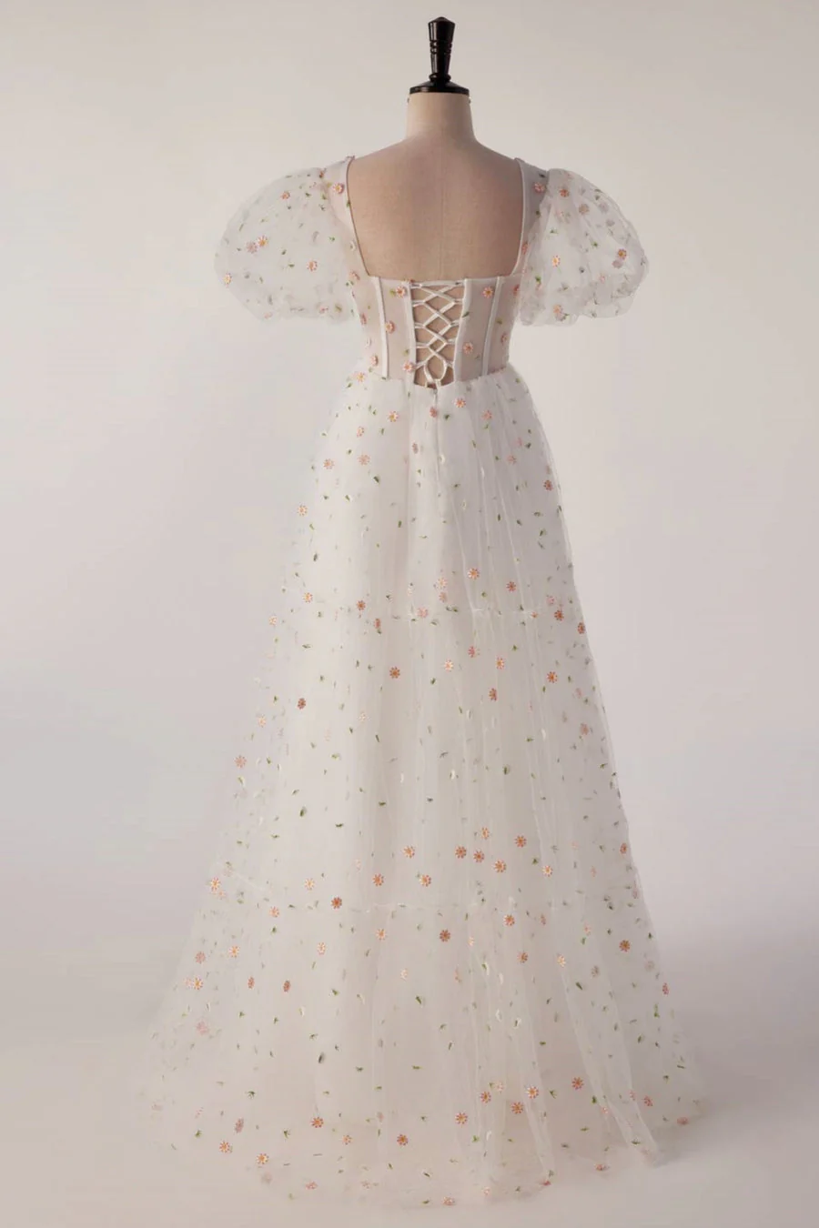 US 2 Short Sleeves White Floral Long Formal Gown - Image 3