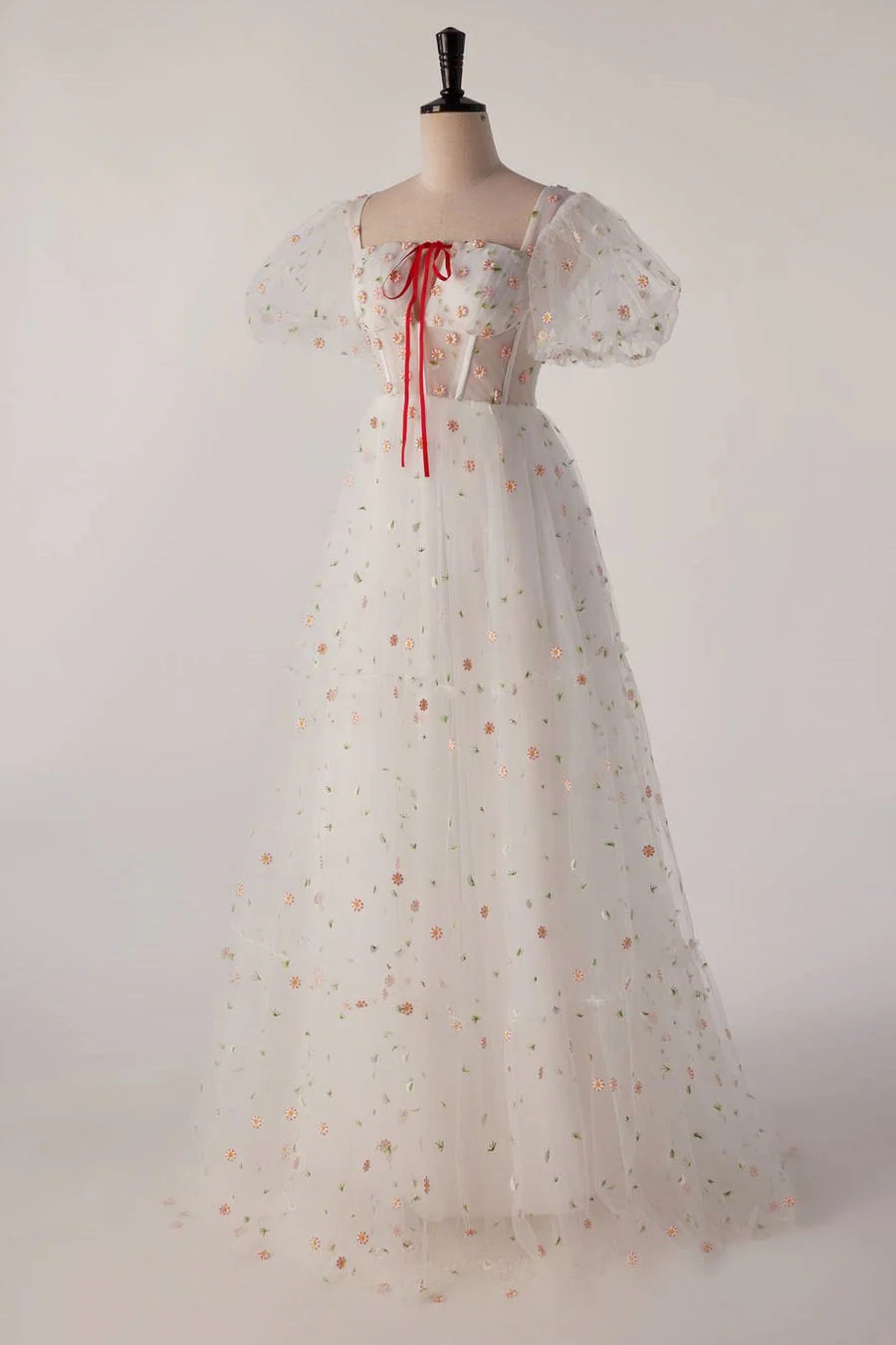 US 2 Short Sleeves White Floral Long Formal Gown - Image 5