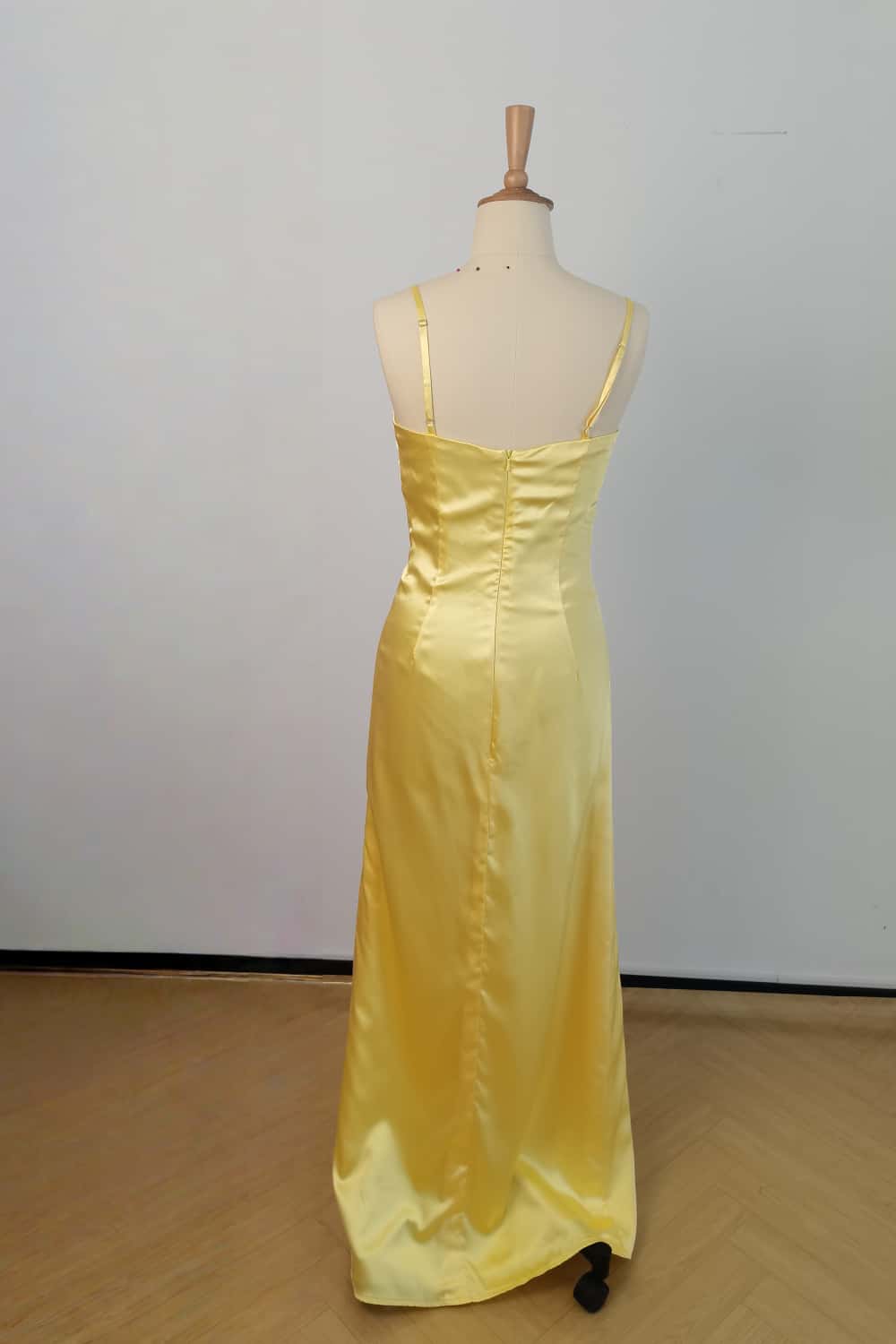 US 4 Straps Yellow Ruched Satin Fitted Dress - Image 2