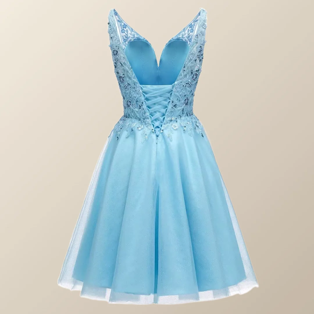 V Neck Blue Appliques Tulle A-line Short Dress - Image 2