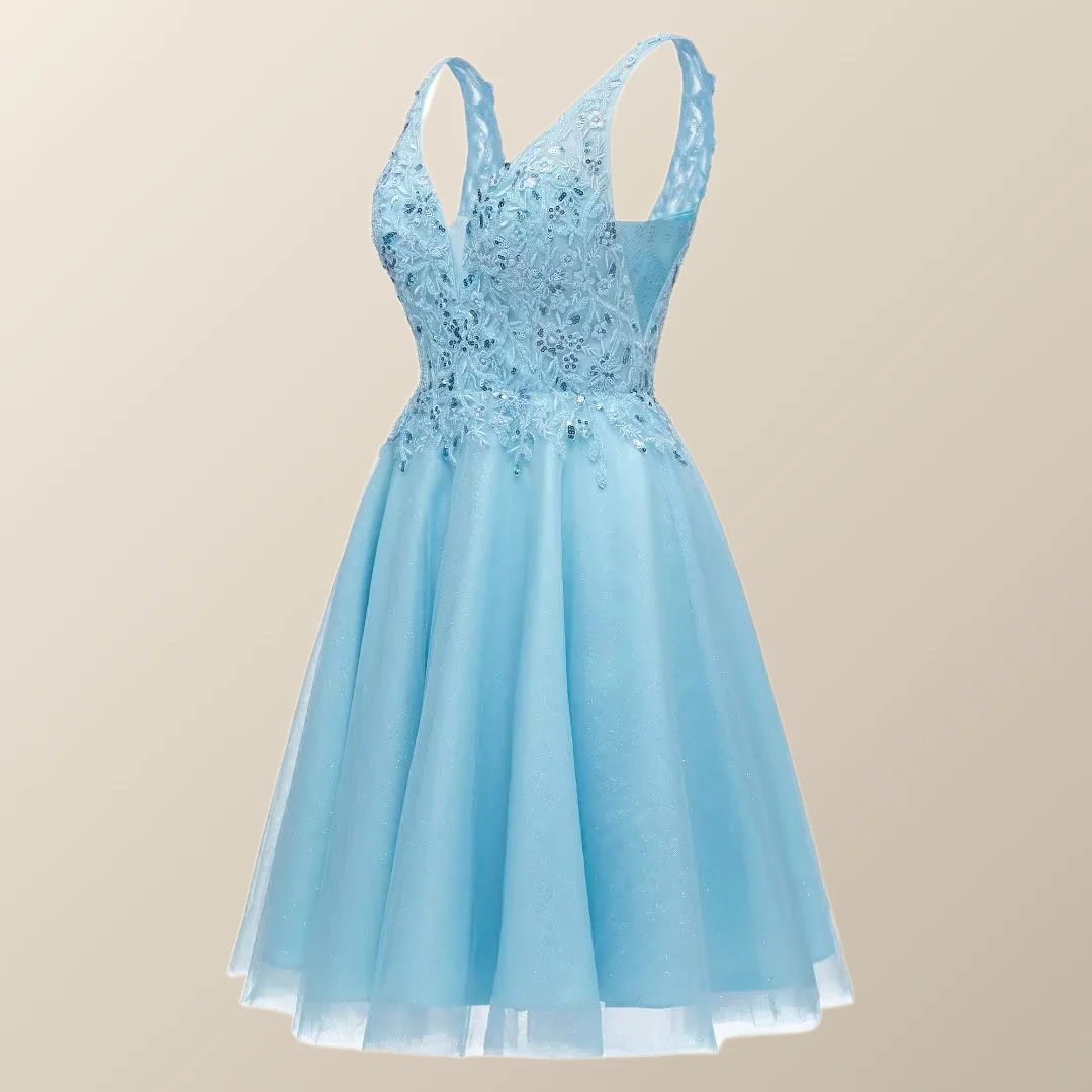 V Neck Blue Appliques Tulle A-line Short Dress - Image 3