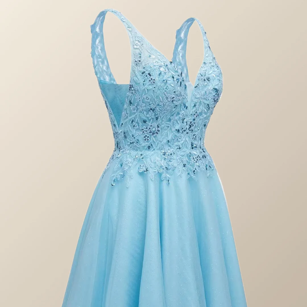 V Neck Blue Appliques Tulle A-line Short Dress - Image 4