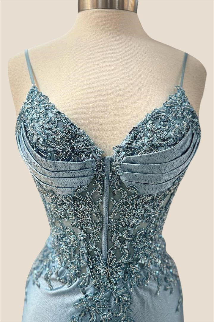 V-neck Blue Beaded Mermaid Satin Long Dress - Image 2