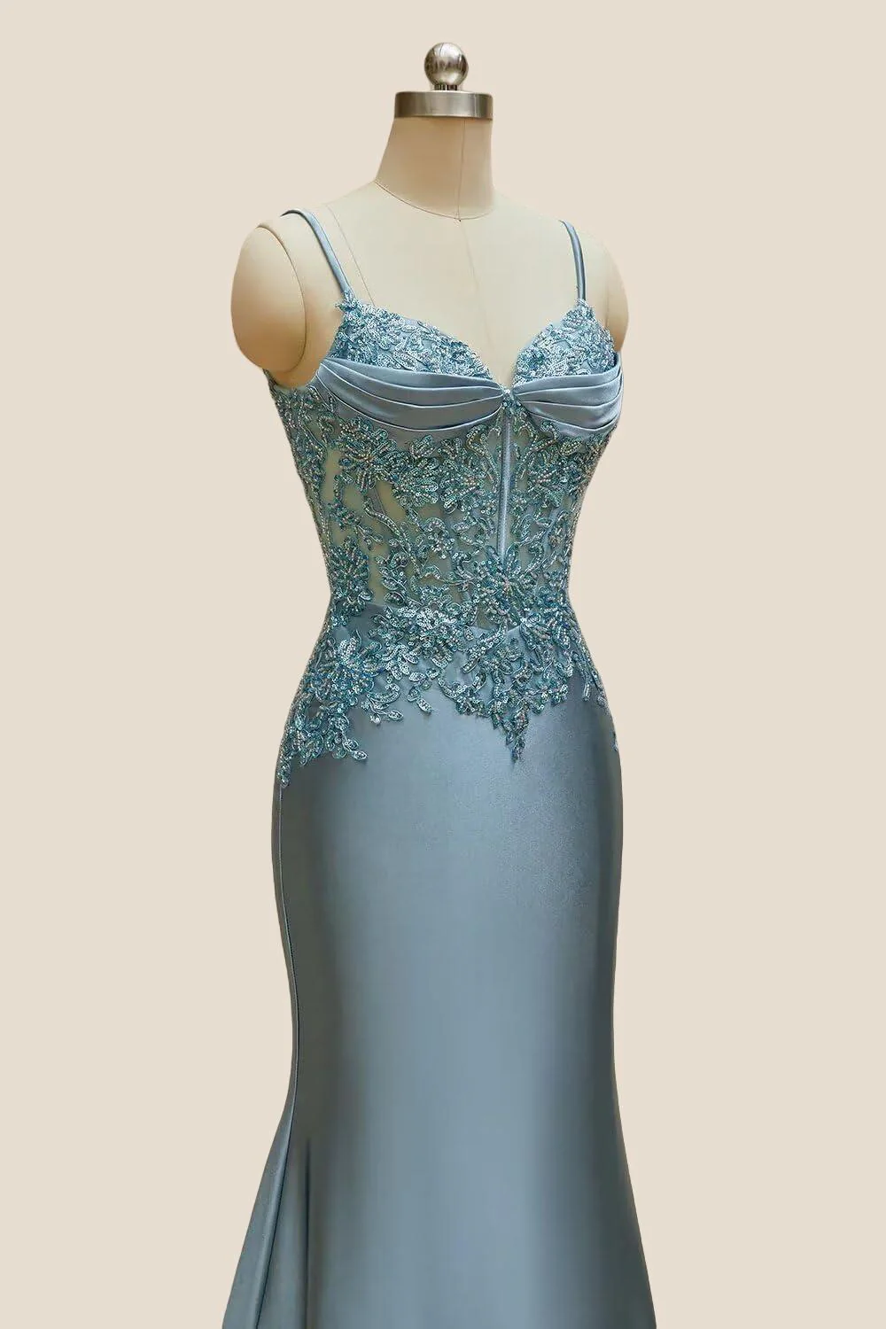 V-neck Blue Beaded Mermaid Satin Long Dress - Image 3