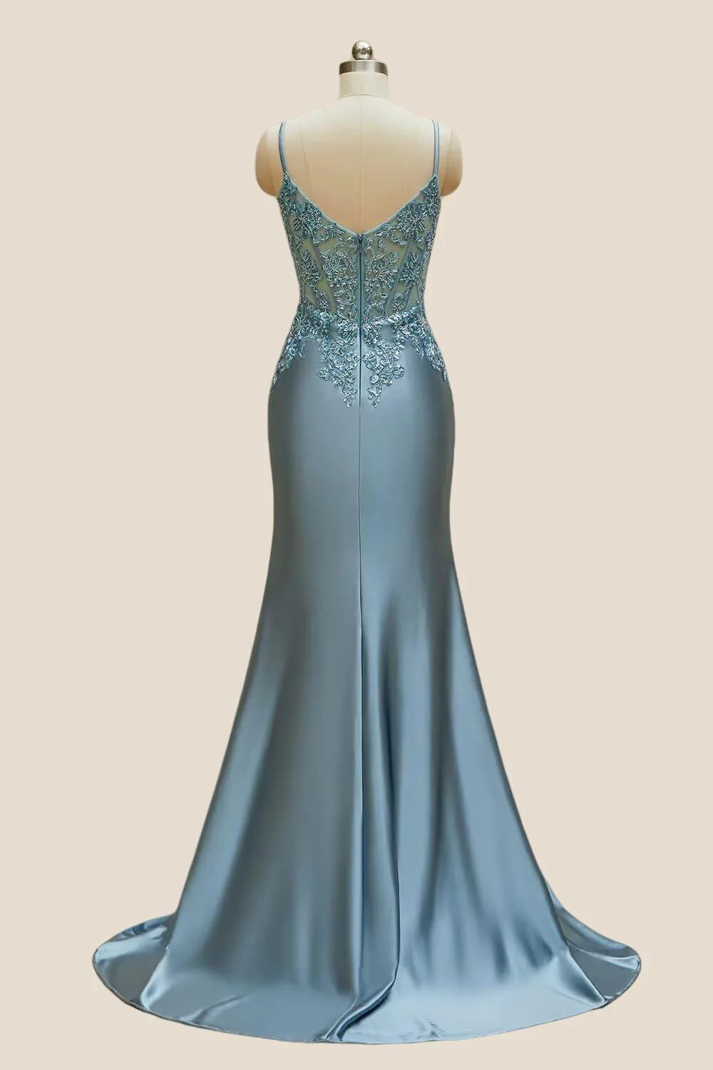 V-neck Blue Beaded Mermaid Satin Long Dress - Image 4