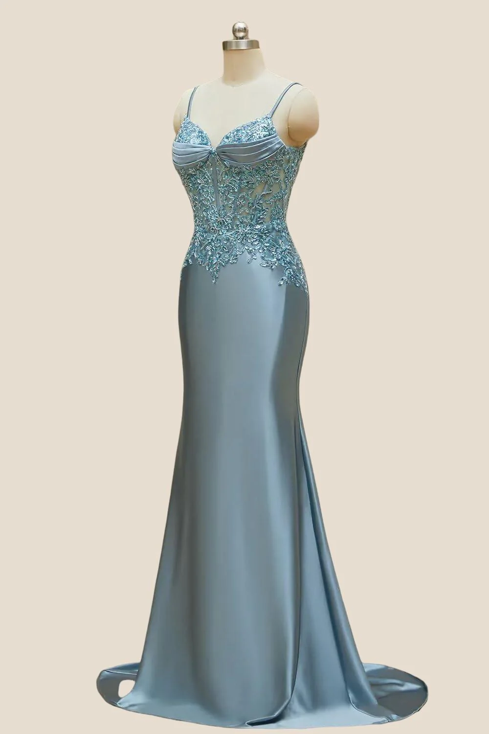 V-neck Blue Beaded Mermaid Satin Long Dress - Image 5