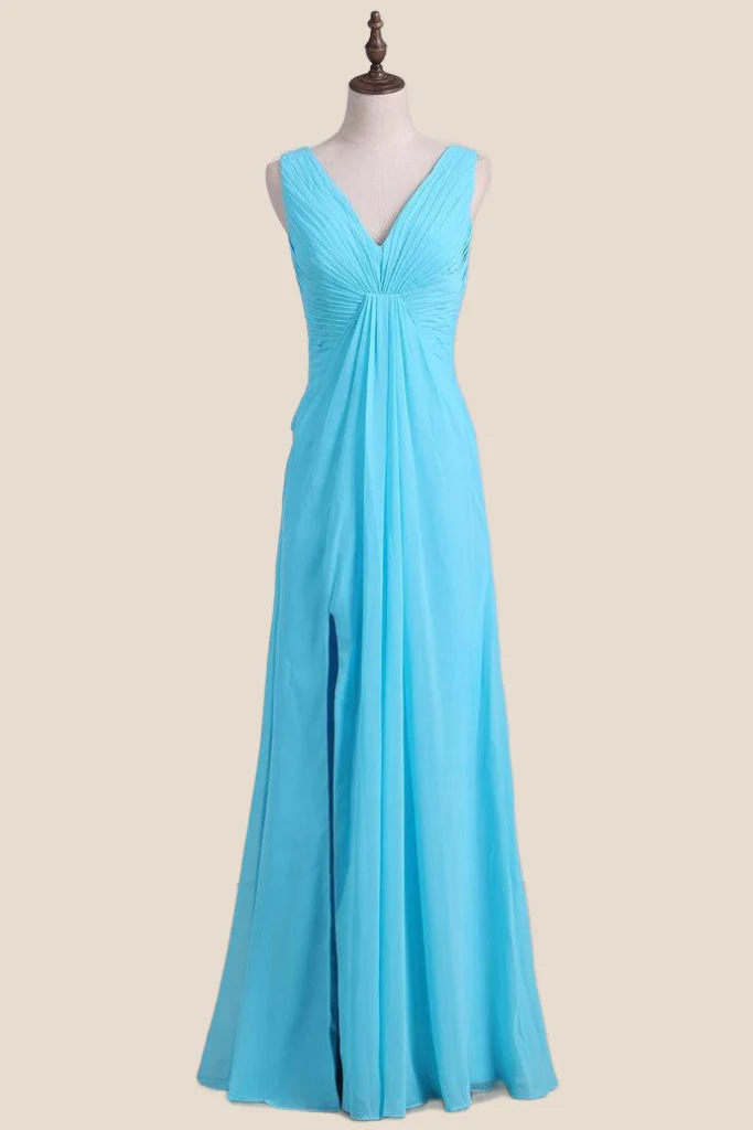 V Neck Blue Chiffon A-line Long Bridesmaid Dress