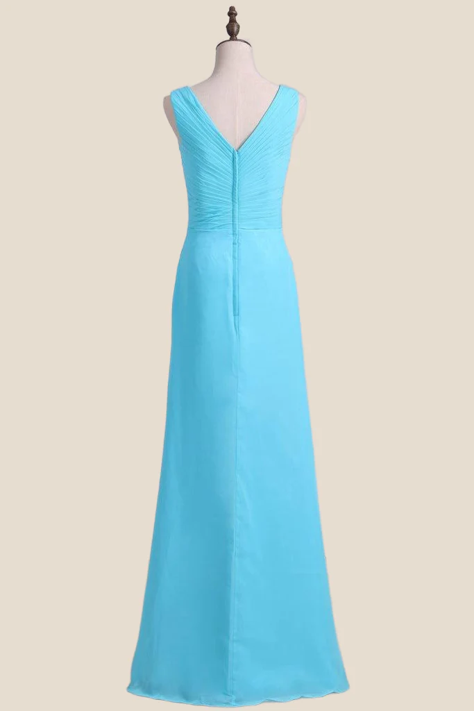 V Neck Blue Chiffon A-line Long Bridesmaid Dress - Image 2