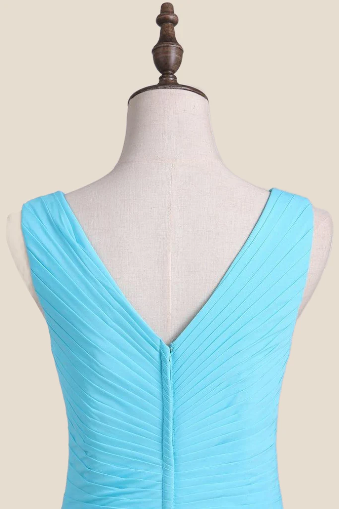 V Neck Blue Chiffon A-line Long Bridesmaid Dress - Image 4
