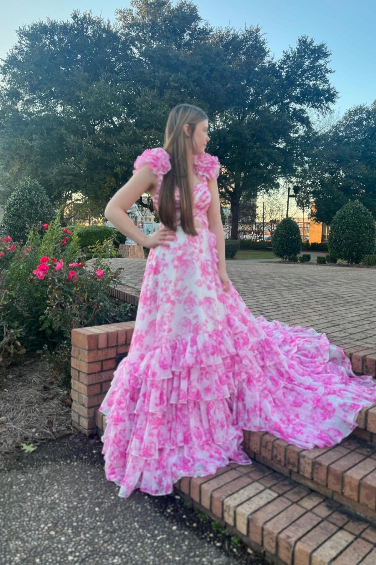 V-neck Blue Floral Print Ruffle Long Dress - Image 4