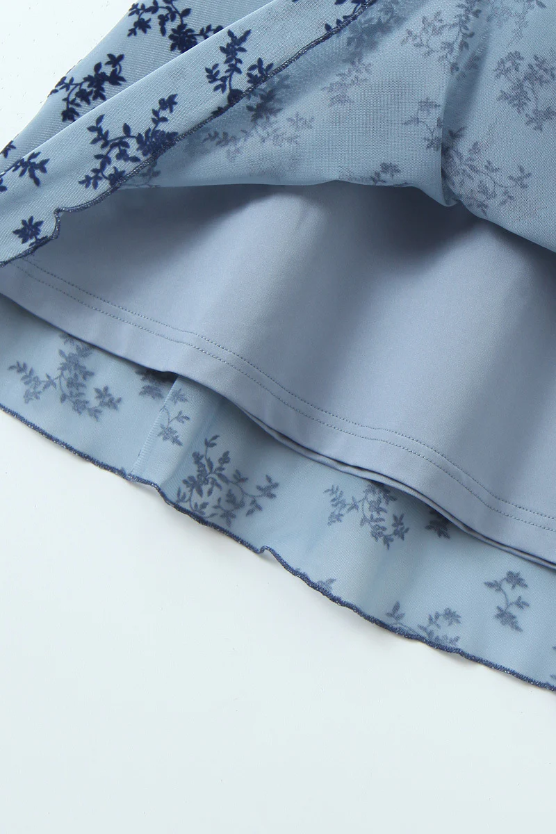 V-neck Blue Floral Print Tulle Short Summer Dress - Image 5