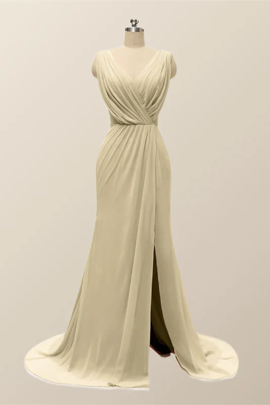 V Neck Blue Pleated Chiffon Long Bridesmaid Dress - Image 3