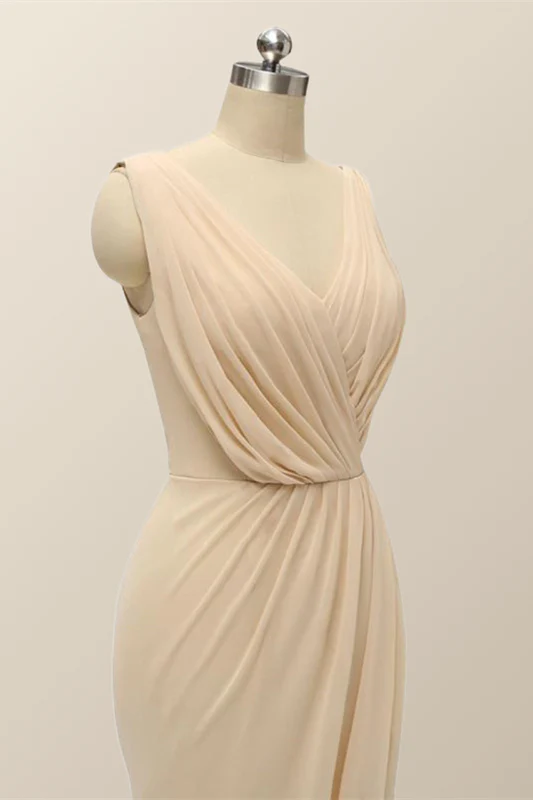 V Neck Blue Pleated Chiffon Long Bridesmaid Dress - Image 5