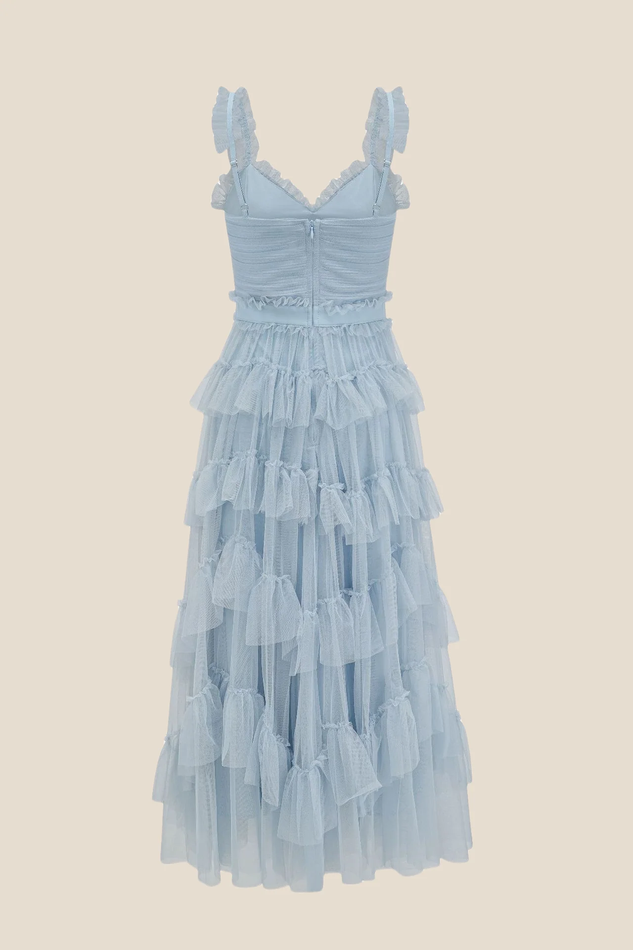V-neck Blue Ruffle Tiered A-line Long Dress - Image 2