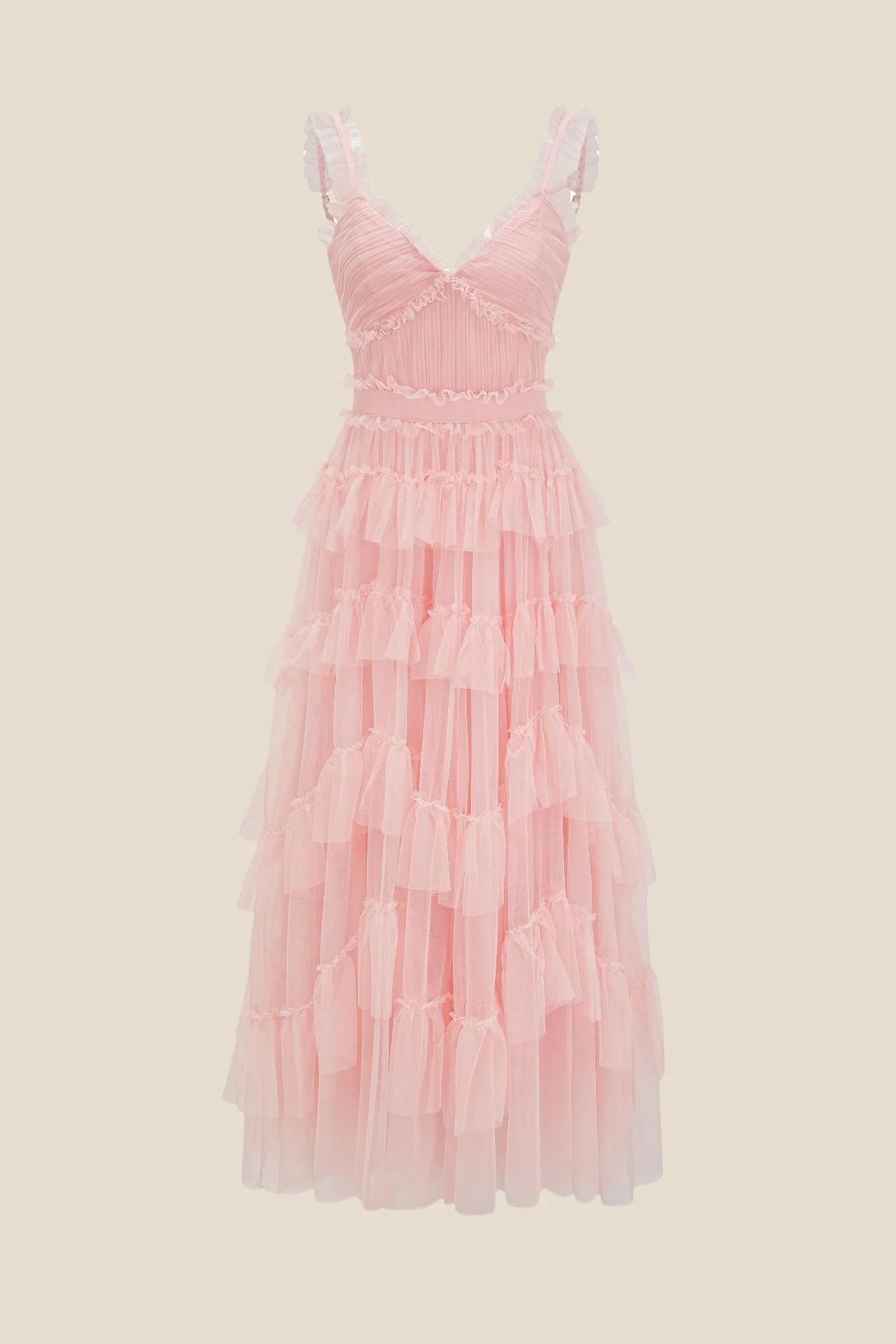 V-neck Blue Ruffle Tiered A-line Long Dress - Image 3