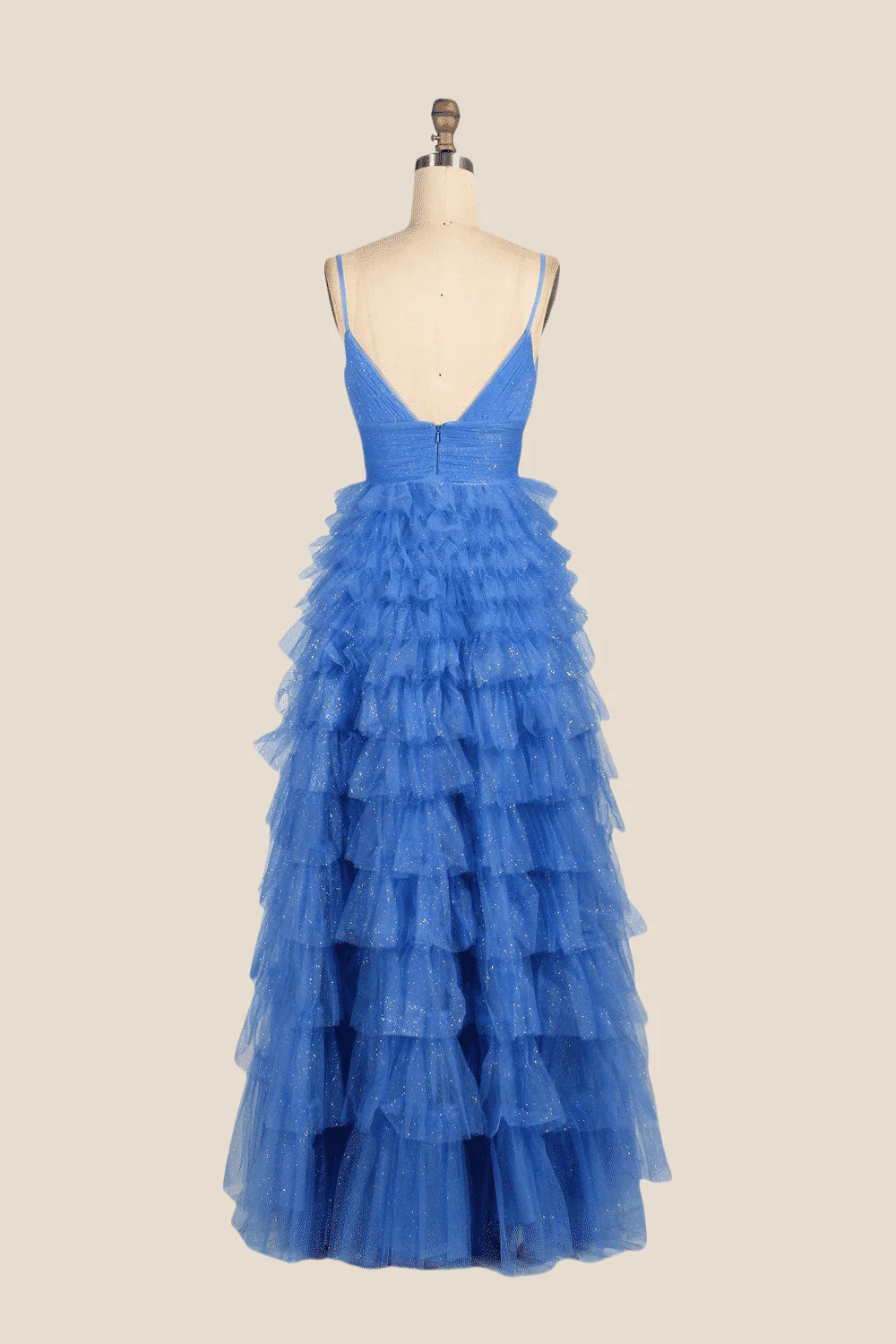V-neck Blue Ruffles Tiered Long Dress with Slit - Image 2