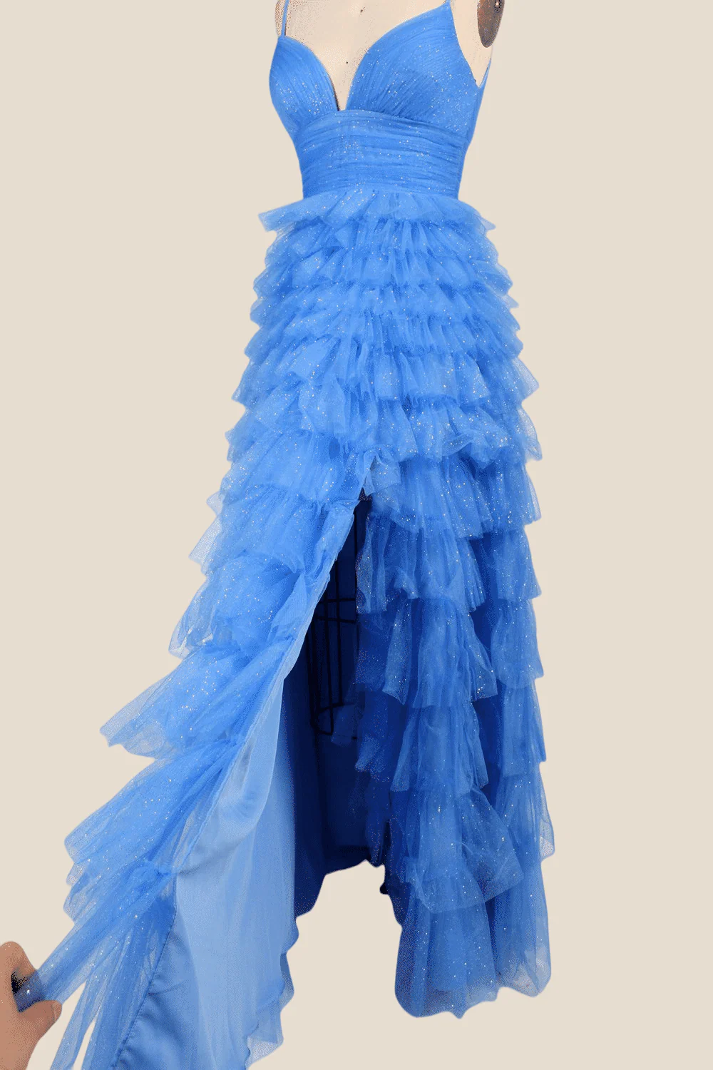V-neck Blue Ruffles Tiered Long Dress with Slit - Image 3