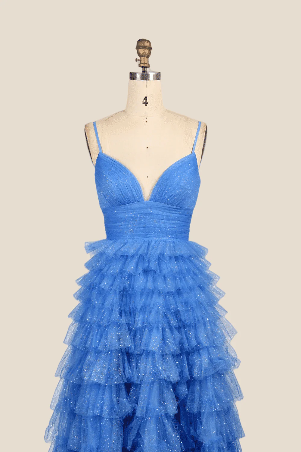V-neck Blue Ruffles Tiered Long Dress with Slit - Image 4