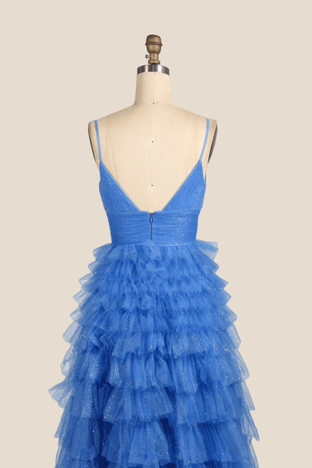 V-neck Blue Ruffles Tiered Long Dress with Slit - Image 5