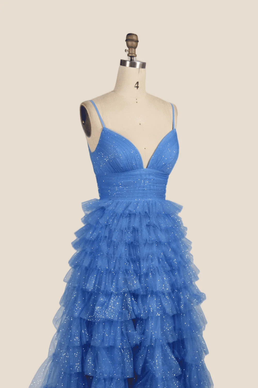 V-neck Blue Ruffles Tiered Long Dress with Slit - Image 6