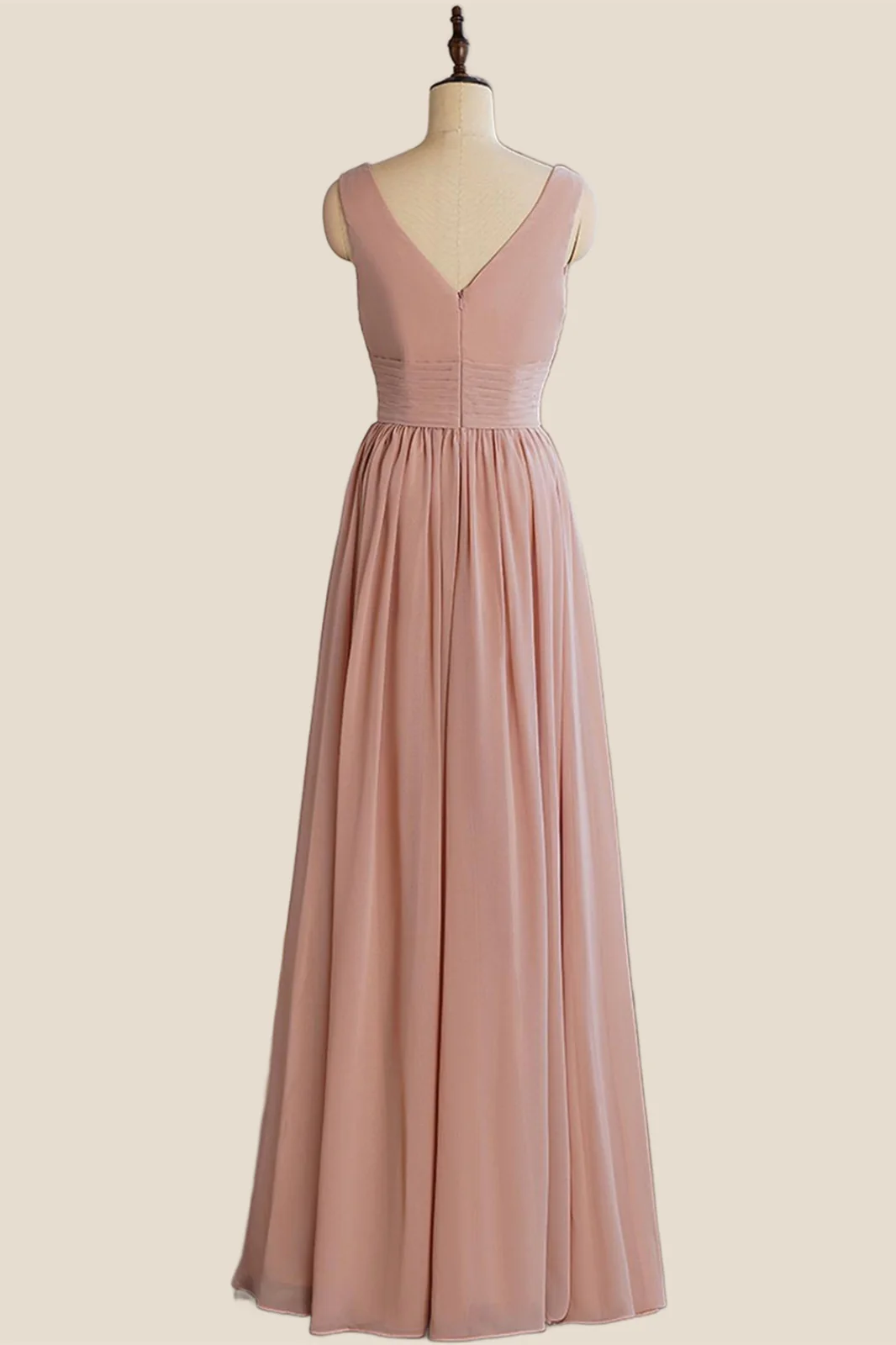 V Neck Blush Pleated A-line Long Dress - Image 2