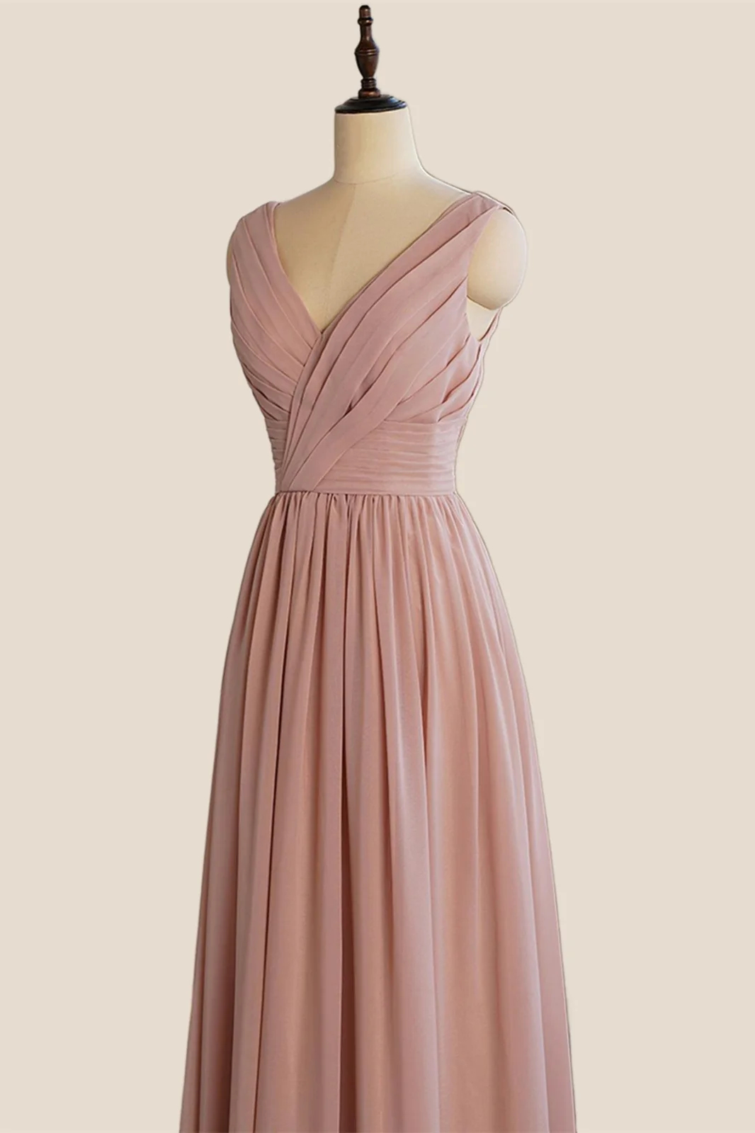 V Neck Blush Pleated A-line Long Dress - Image 3
