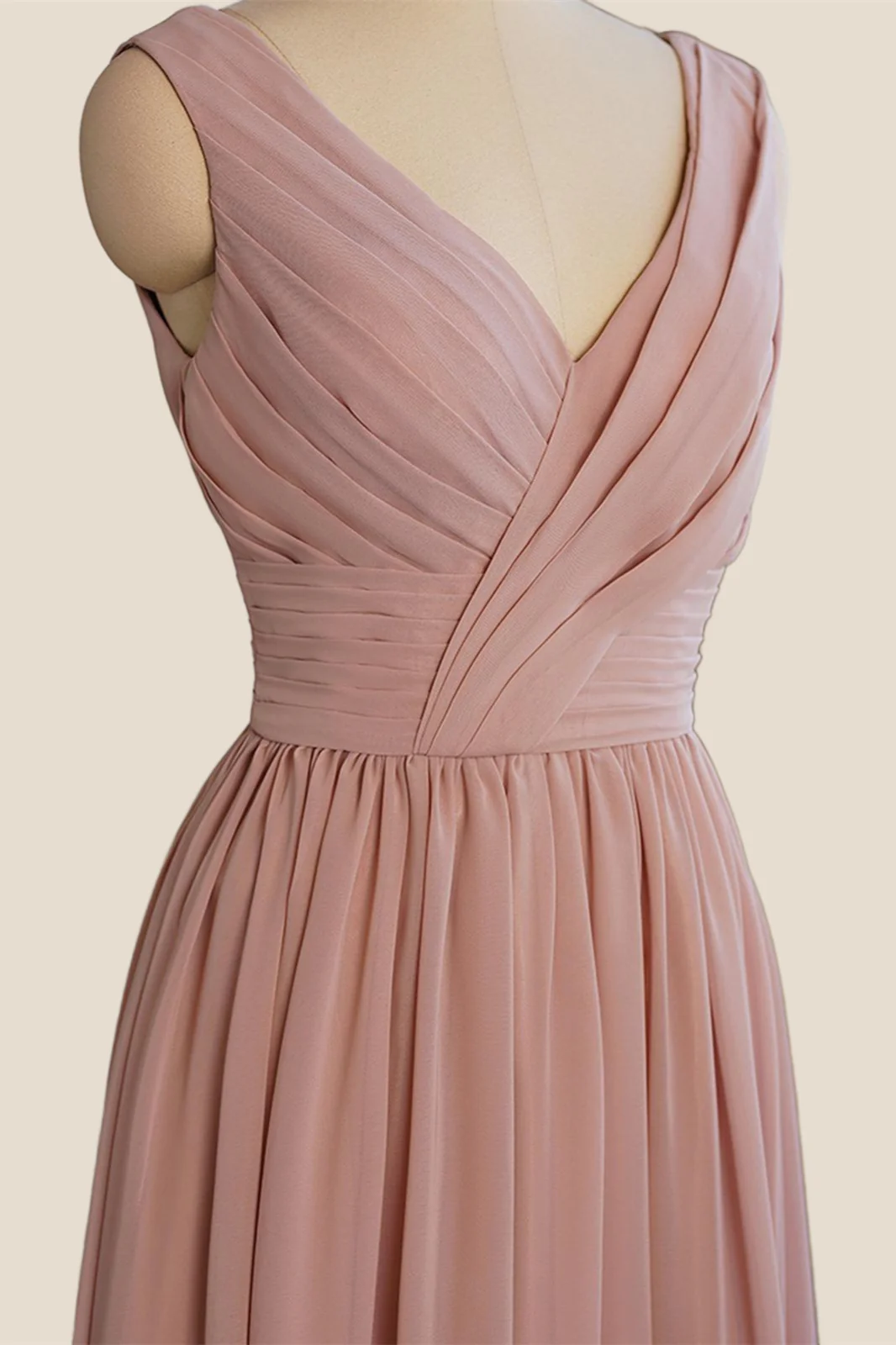 V Neck Blush Pleated A-line Long Dress - Image 4